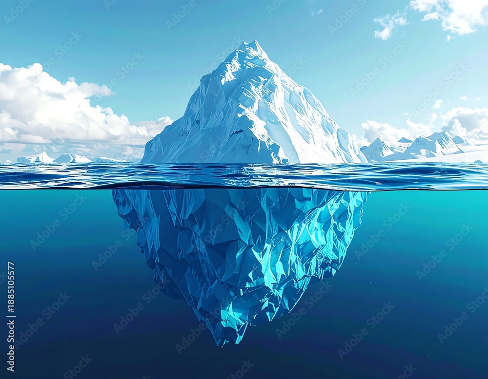 Obraz premium A large iceberg floats partially submerged in clear blue water under a bright blue sky