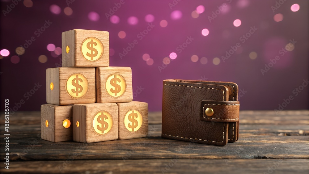 Obraz premium Stack of wooden blocks with dollar signs and a leather wallet on a wooden surface isolated on