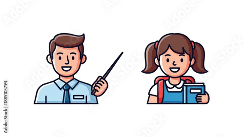 Male teacher pointing with a stick to a smiling girl student holding a book.