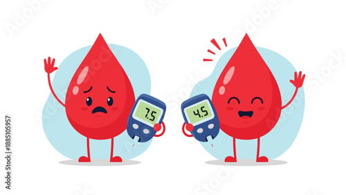 Cartoon blood drops show high and normal glucose levels on a glucometer, illustrating blood sugar monitoring for diabetes care.