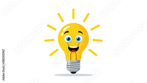 A cheerful and bright yellow cartoon light bulb character with a happy smiling face, symbolizing a great idea, creativity, and inspiration.