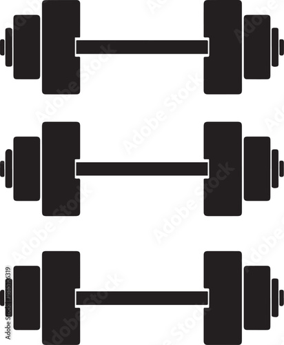 Three black dumbbells stacked vertically on white background barbells weights fitness exercise