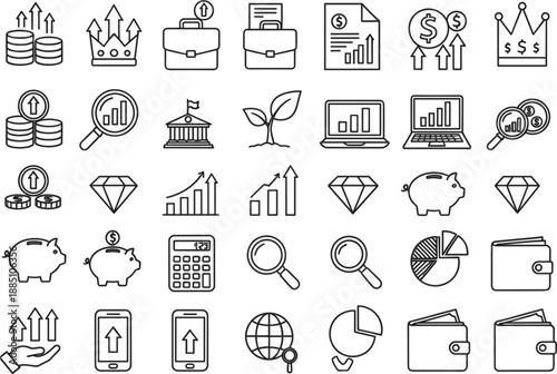 Business and finance line icon set featuring money growth piggy bank calculator wallet and data charts for professional investment presentations