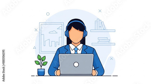 Customer service representative wearing headset working on laptop computer.