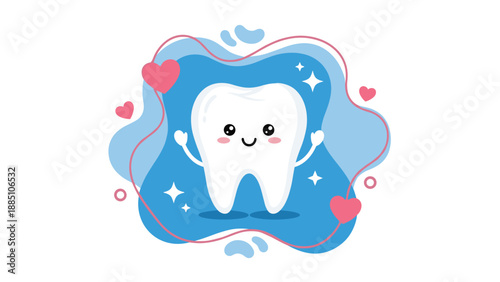 A cute and happy cartoon tooth character sparkling with joy and surrounded by hearts, representing good dental health and hygiene.