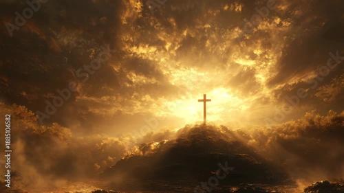 Golden sunrise behind hilltop cross radiating warm light and hopeful atmosphere golden sunrise over hilltop cross radiating hope and warmth with dramatic clouds and misty landscape evoking reverence