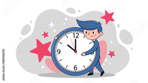 A cute cartoon boy character holds a large clock, symbolizing the importance of time management, schedules, and meeting deadlines.