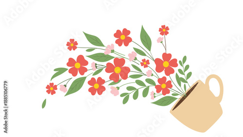 A tilted coffee mug spills out a beautiful bouquet of colorful flowers and leaves, symbolizing a creative and positive good morning.