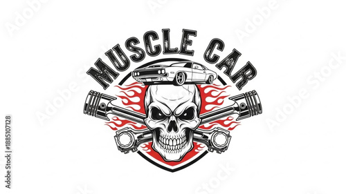 Muscle Car Emblem with Skull and Flames.