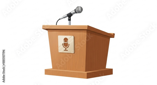 Wooden podium with microphone and logo for public speaking events or conference presentations