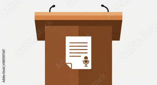 Brown podium with speech paper and microphone icon public speaking concept flat design simple background presentation template