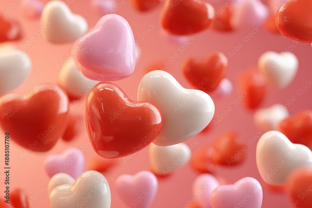Obraz premium Colorful hearts floating in a dreamy background perfect for Valentine's Day celebrations or romantic moments with a soft pink gradient behind them
