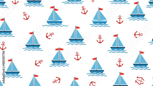 A cute seamless nautical pattern with blue sailboats and red anchors on a white background, perfect for children's decor and textiles.