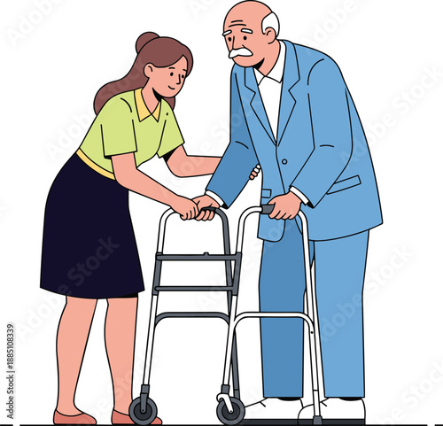 Compassionate young woman caregiver helping senior man walking with medical walker for elderly care support and geriatric rehabilitation assistance in nursing,