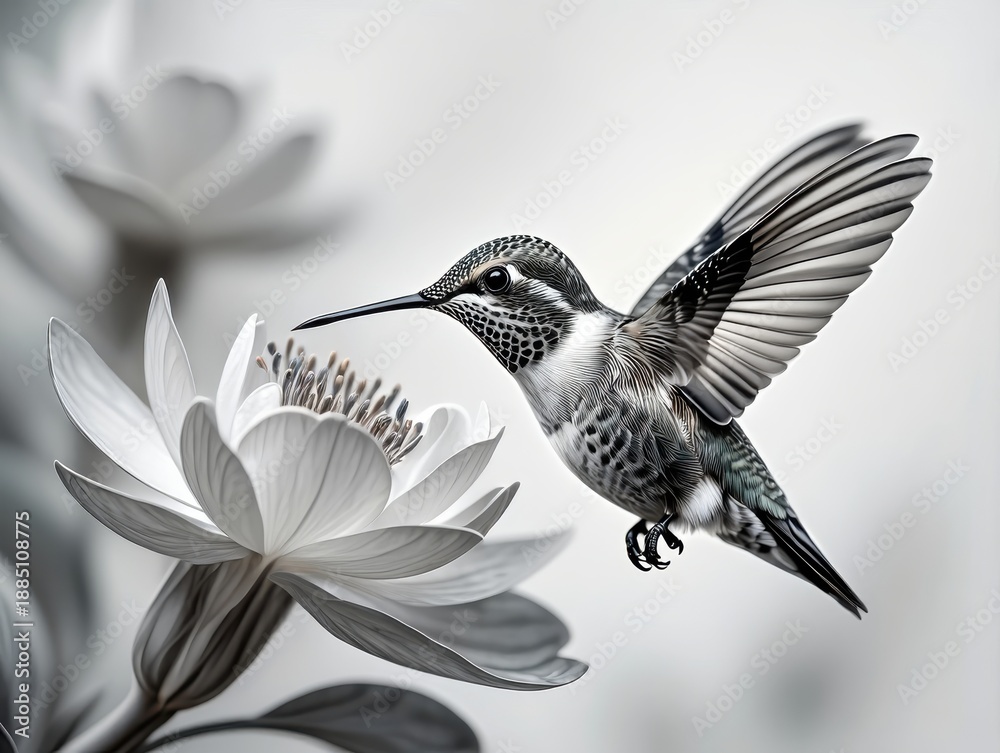 Fototapeta premium Hummingbird and White Flower in Black and White