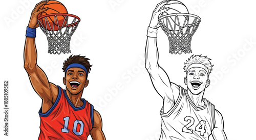 Professional Basketball Player Scoring Powerful Slam Dunk Shot Action Sports Illustration
