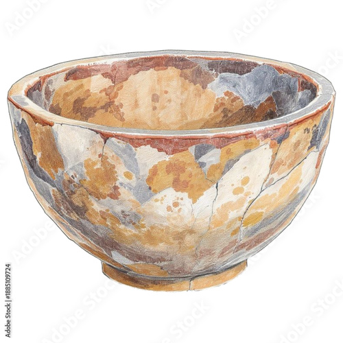 Ancient Pottery Bowl: A meticulously crafted watercolor illustration depicts an antique pottery bowl, its surface adorned with captivating textures and subtle hues.