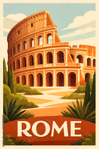 Rome Legacy - Stylized Illustration of the Colosseum with Lush Foreground and Classical Architecture in Warm Tones