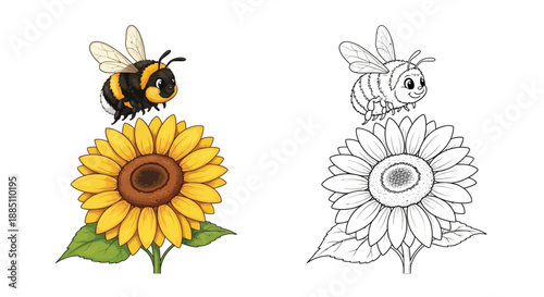 Busy Bee on Sunflower Detailed Coloring Page Nature Illustration for Kids Activity and Education