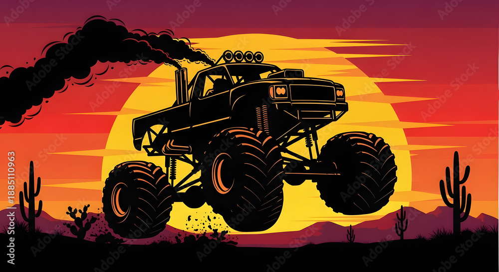 Fototapeta premium Action silhouette of a monster truck jumping