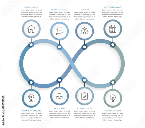 Infinity shaped process diagram with connected circular steps and thin line icons, showing continuous workflow and cycle, infographic template