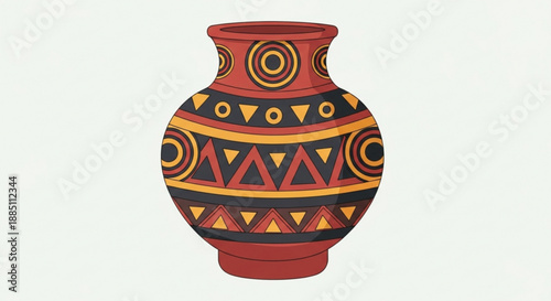 Vibrant red clay pot with yellow black and red tribal patterns on light background
