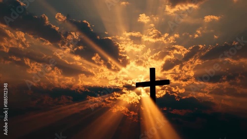 Glowing sunrise behind wooden cross silhouette with dramatic sunrise sky rays and cloud sunbeam. fiery sunrise cross sky clouds light rays inspiring spiritual hope faith worship silhouette cross
