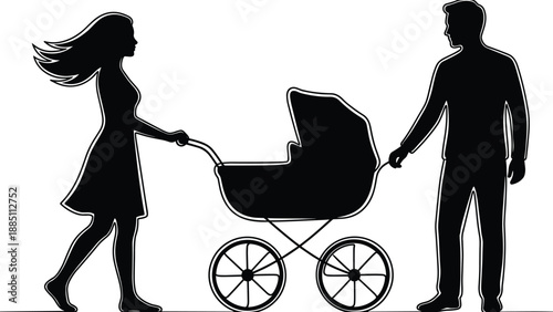 Mother and father pushing baby stroller silhouette showing modern family parenting care love lifestyle isolated on white background concept