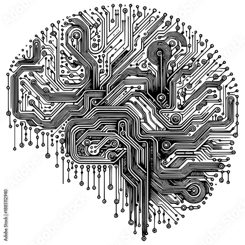 Brain Circuitry: An intricate network of circuits and connections forms the shape of a brain, showcasing the beauty and complexity of artificial intelligence and technological advancement.