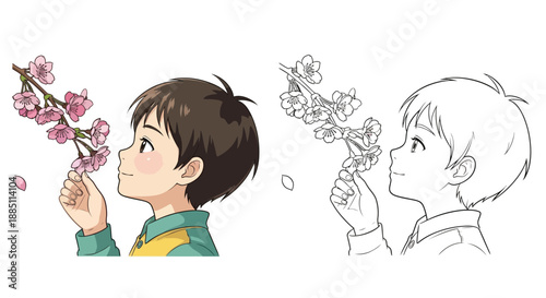 Sweet Child Smelling Cherry Blossoms Spring Nature Color and Line Art Comparison