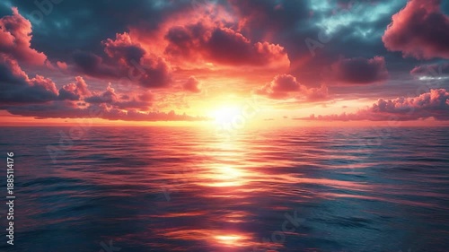 Crimson Horizon: The sun dips below the horizon, painting the sky with fiery hues and casting a radiant glow across the tranquil ocean waters. 