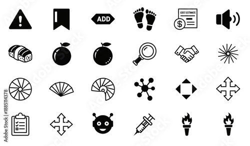 Solid Black Flat Icon Set with Warning Bookmark Sushi Medical and Technology Symbols