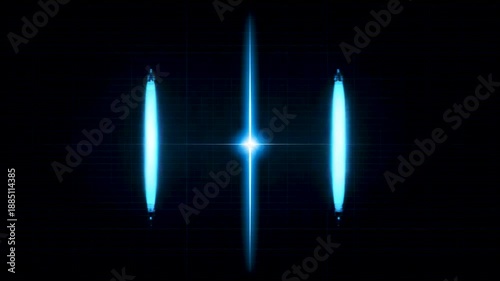 Abstract blue light beams and glowing vertical bars aligned symmetrically on dark background