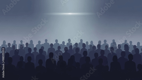 A large crowd of people silhouetted against a bright light in a foggy atmosphere.