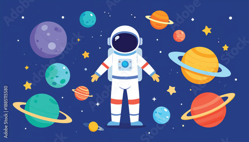 Astronaut in Space Suit Floating Among Planets.