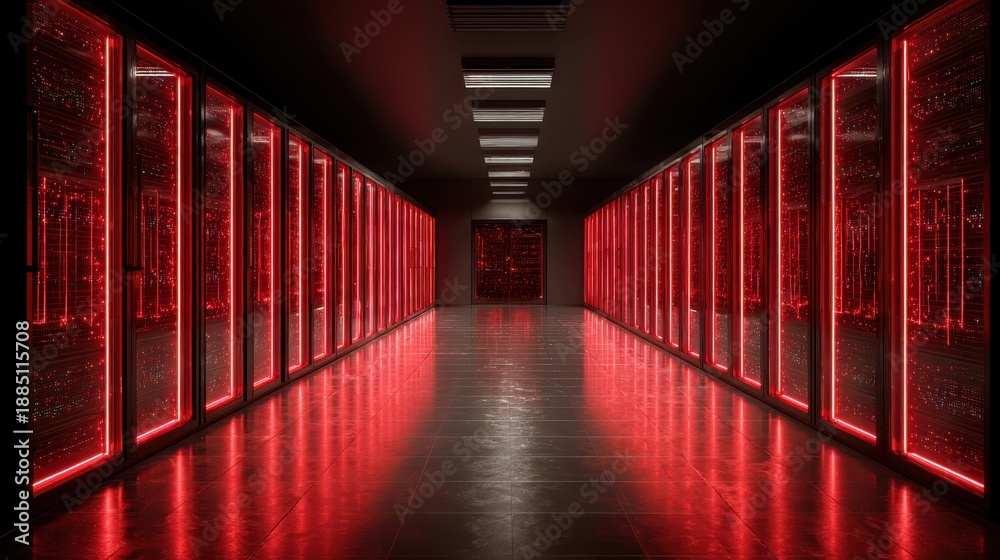 Fototapeta premium Futuristic Data Center with Red Neon Lights and Server Racks in a Dark Corridor Ideal for Technology and Cybersecurity Themes