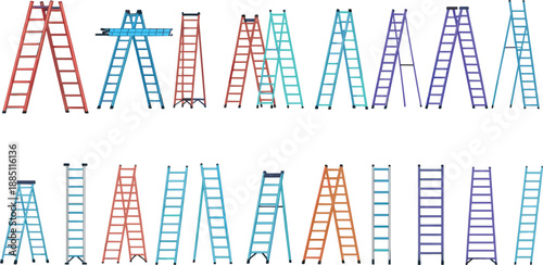 Set of colorful flat vector ladder icons including step ladders extension ladders and folding ladders for construction maintenance repair work career growth concept