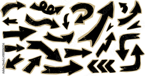 Hand drawn sketch arrow directional set in crayon scrapbook style with rough textured strokes. Perfect for infographic, navigation, poster, sticker, and creative design projects