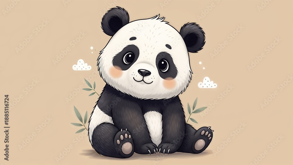 Obraz premium Cute cartoon panda bear holding bamboo and smiling in a fun vector illustration for kids and wildlife themes