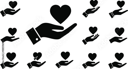 Hand holding heart icon set for charity, donation, healthcare, medical insurance, volunteer support, kindness, giving, compassion, romance, and community care.