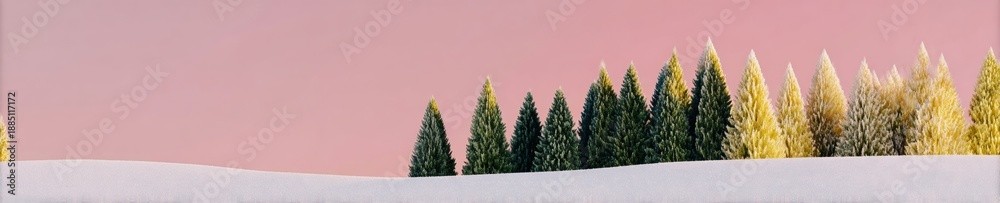 Obraz premium Snowy Evergreen Forest Background with Misty Pink Sky and Sage Moss Pine Trees standing in Winter Mountain Region for Travel and Seasonal Greeting Card Design