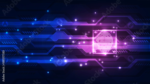 Biometric Fingerprint Security Concept: Glowing Digital Thumbprint Scan on Futuristic Circuit Background