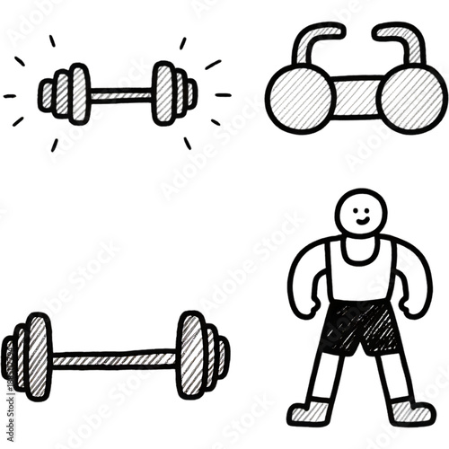 Fitness Doodle Set: A collection of simple, playful line drawings capturing the essence of fitness, with a barbell, stationary bicycle, and a determined character ready for action.