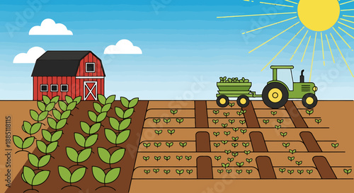 Rural farm landscape with tractor and barn working fields under sunny sky and agriculture concept