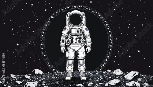 Astronaut Standing on Rocky Planet Surface.