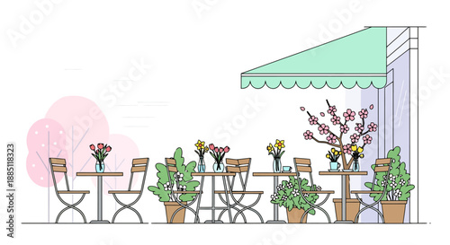 Outdoor Cafe Seating Area With Small Tables Flower Pots And Blooming Tree In Spring Season For Relaxation Or Dining Outside Establishment