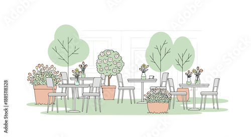 Charming Outdoor Cafe Scene With Potted Plants Tables And Chairs Amidst Greenery And Blooming Flowers For Relaxation