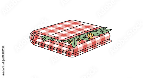 Red and white checkered blanket folded with green leaves and yellow flowers peeking out from layers for outdoor gathering preparation