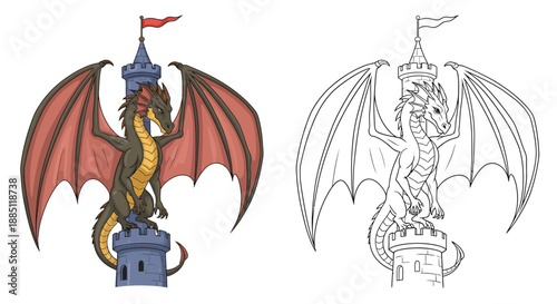 Epic Fantasy Dragon Perched on Castle Tower Color and Sketch Illustration Comparison