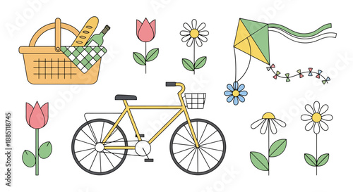 Whimsical Collection of Outdoor Activities Elements for Spring and Summer Recreation Montage